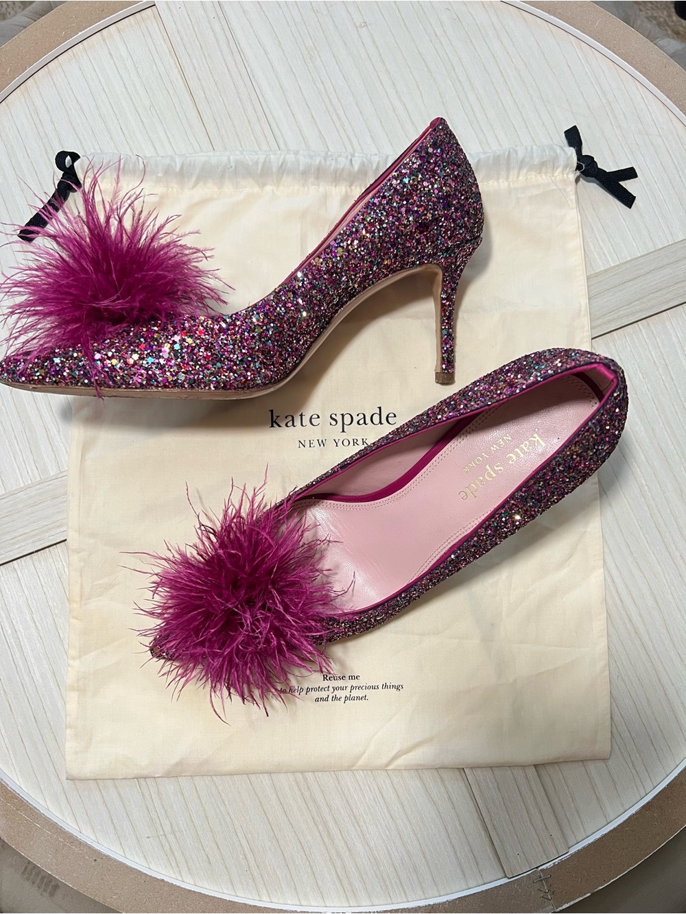 Kate Spade Marabou Glitter Dress Heels Fuchsia Feather Puff Statement Pumps 9.5 - Picture 12 of 12